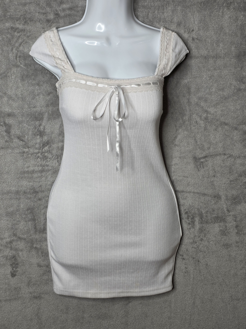 Y2K Cottagecore Off-White Pointelle Mini Dress | Coquette Lace & Ribbon Detail